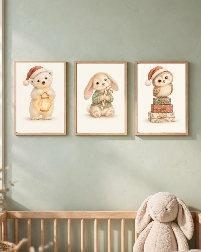 May include: Three framed wall art prints featuring a white polar bear wearing a red Santa hat and holding a lantern, a rabbit in a green sweater holding a candy cane, and an owl in a red Santa hat perched on a stack of three gift boxes.