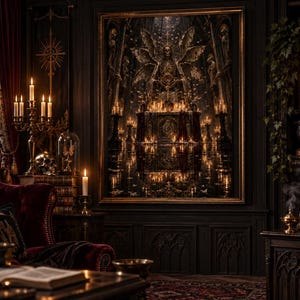 May include: A large framed wall art piece depicting a winged skeletal figure seated on a throne within a dark, candlelit cathedral. The artwork features warm golden light, deep shadows, and intricate architectural details in a gothic setting.