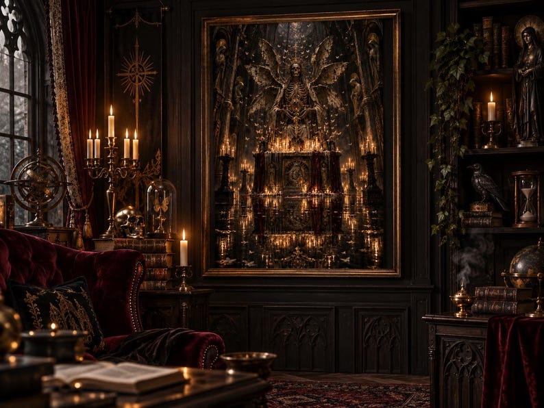 May include: A large framed wall art piece depicting a winged skeletal figure seated on a throne within a dark, candlelit cathedral. The artwork features warm golden light, deep shadows, and intricate architectural details in a gothic setting.
