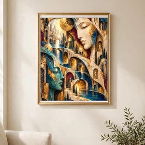 May include: A framed wall art print featuring two large faces in profile integrated into an architectural landscape of stone arches, staircases, and flowing water. The composition uses a palette of gold, deep blue, and cream tones.