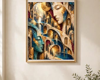 May include: A framed wall art print featuring two large faces in profile integrated into an architectural landscape of stone arches, staircases, and flowing water. The composition uses a palette of gold, deep blue, and cream tones.