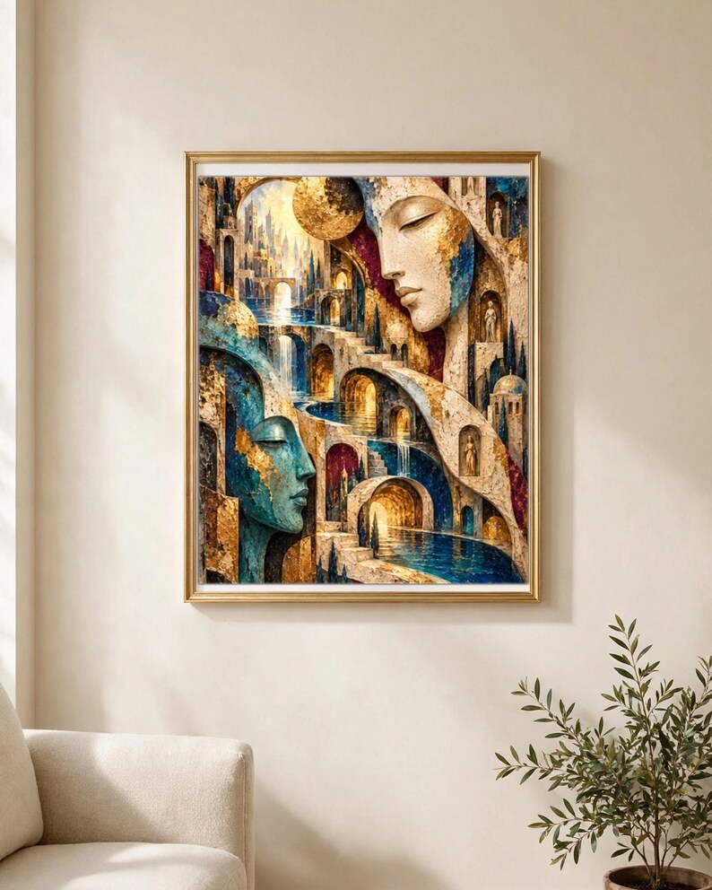May include: A framed wall art print featuring two large faces in profile integrated into an architectural landscape of stone arches, staircases, and flowing water. The composition uses a palette of gold, deep blue, and cream tones.