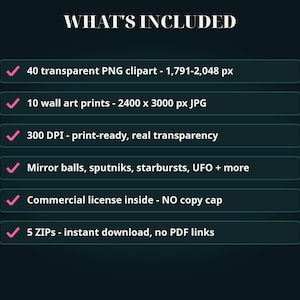 May include: A digital product information graphic titled WHAT'S INCLUDED with six bullet points featuring pink checkmarks. It lists 40 transparent PNG clipart, 10 wall art prints, 300 DPI resolution, mirror balls, sputniks, starbursts, UFOs, a commercial license, and 5 ZIP files.