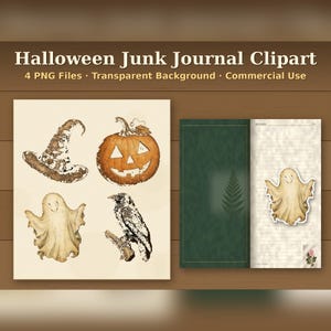 May include: Halloween Junk Journal Clipart 4 PNG Files Transparent Background Commercial Use. Digital graphics featuring a brown witch hat, an orange jack-o'-lantern, two beige ghosts, and a black crow on a branch, plus a lined journal page.