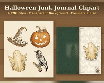 以下が含まれることがあります： Halloween Junk Journal Clipart 4 PNG Files Transparent Background Commercial Use. 茶色の魔女の帽子、オレンジ色のジャック・オー・ランタン、2体のベージュの幽霊、枝にとまった黒いカラス、罫線入りのジャーナルページのデジタルグラフィック。
