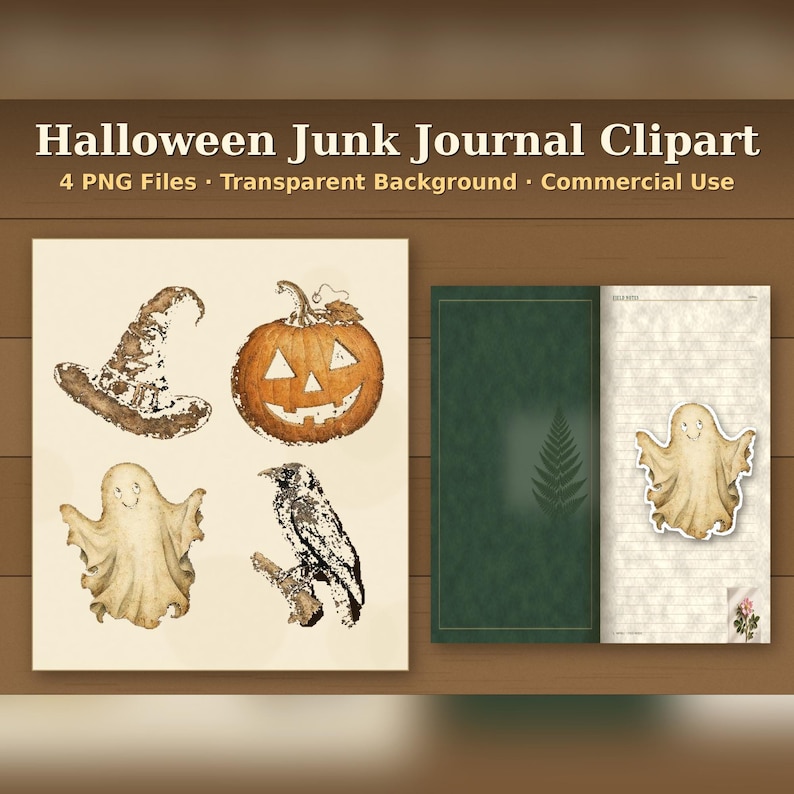 May include: Halloween Junk Journal Clipart 4 PNG Files Transparent Background Commercial Use. Digital graphics featuring a brown witch hat, an orange jack-o'-lantern, two beige ghosts, and a black crow on a branch, plus a lined journal page.