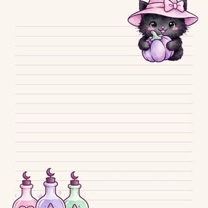May include: A sheet of lined stationery featuring a black kitten wearing a pink witch hat and holding a purple pumpkin in the top right corner, and three colorful potion bottles with crescent moon stoppers at the bottom left.