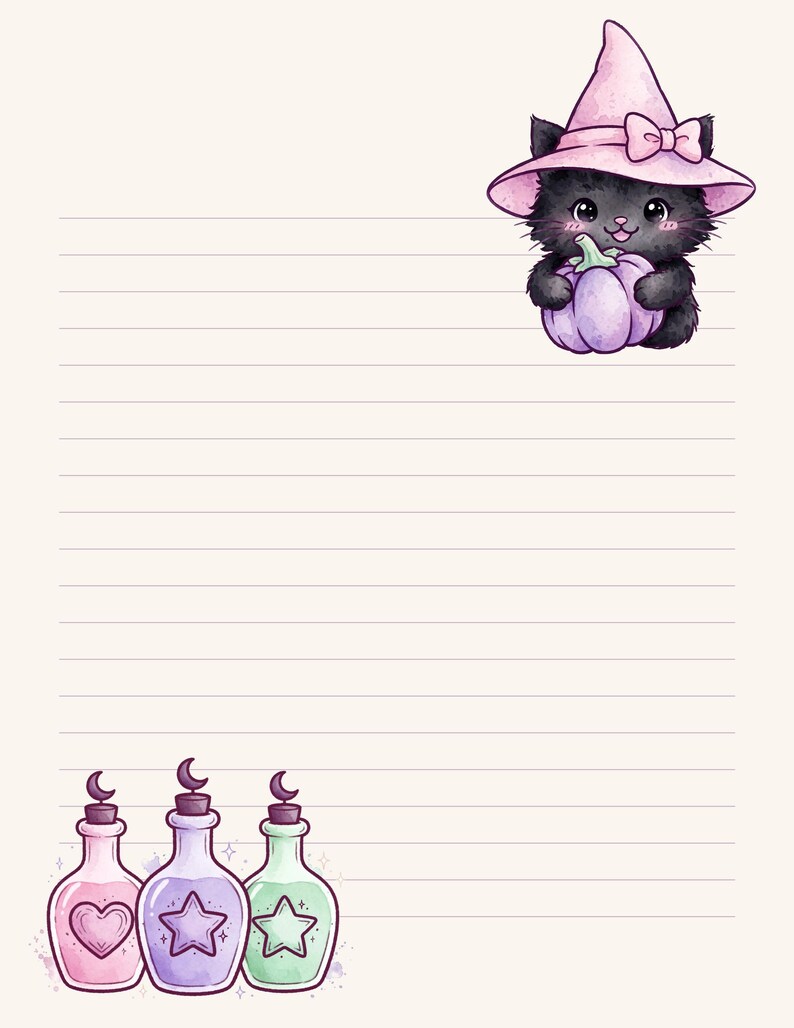May include: A sheet of lined stationery featuring a black kitten wearing a pink witch hat and holding a purple pumpkin in the top right corner, and three colorful potion bottles with crescent moon stoppers at the bottom left.