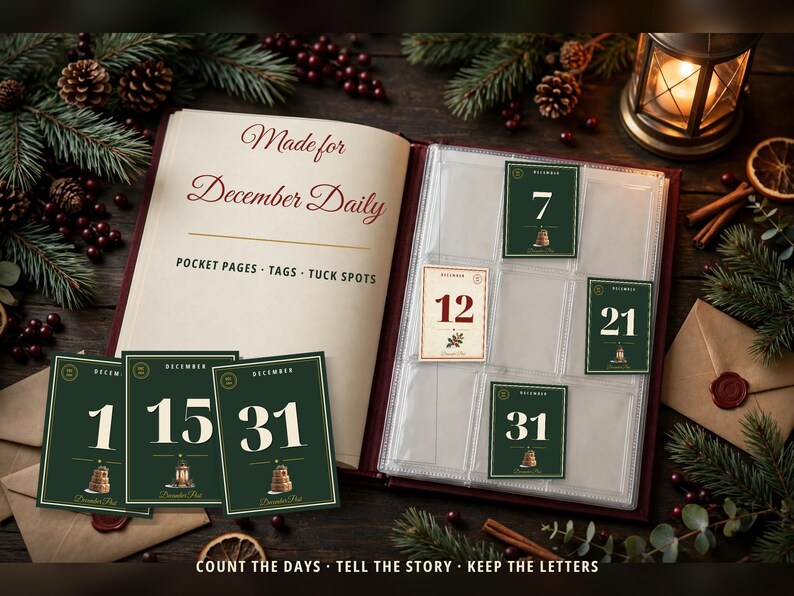 May include: A scrapbook album with clear pocket pages containing numbered cards. The title page reads Made for December Daily POCKET PAGES TAGS TUCK SPOTS. Cards feature the numbers 1, 7, 12, 15, 21, and 31 in dark green and cream.
