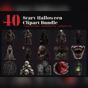 K&ouml;nnte beinhalten: Eine digitale Sammlung mit dem Titel 40 Scary Halloween Clipart Bundle, die verschiedene Horror-Illustrationen enth&auml;lt, darunter eine maskierte Figur, eine Vogelscheuche, eine verh&uuml;llte Gestalt, einen Clown, einen Vampir, eine Geisterbraut, eine kopflose Figur, eine Hexe, ein Karussell, einen Mund mit Rei&szlig;z&auml;hnen, ein Riesenrad, einen Totenkopfhaufen, Grabsteine, einen roten Mond und eine Laterne.