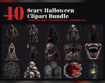 40 Scary Halloween Clipart Bundle, Horror PNG Pack, Haunted Carnival, Plague Doctor, Scarecrow, Creepy Clown, Sublimation, Commercial Use