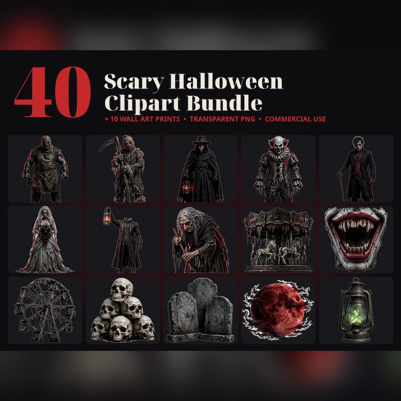 K&ouml;nnte beinhalten: Eine digitale Sammlung mit dem Titel 40 Scary Halloween Clipart Bundle, die verschiedene Horror-Illustrationen enth&auml;lt, darunter eine maskierte Figur, eine Vogelscheuche, eine verh&uuml;llte Gestalt, einen Clown, einen Vampir, eine Geisterbraut, eine kopflose Figur, eine Hexe, ein Karussell, einen Mund mit Rei&szlig;z&auml;hnen, ein Riesenrad, einen Totenkopfhaufen, Grabsteine, einen roten Mond und eine Laterne.