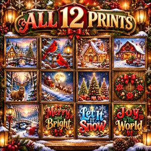 Christmas Wall Art Prints Vol. 2 | 12 Prints in 5 Sizes Each | Cozy Village, Cardinals, Gingerbread | Personal Use image 2