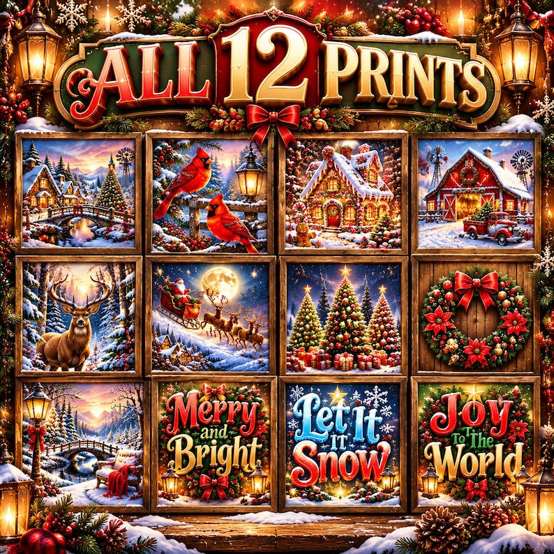 Christmas Wall Art Prints Vol. 2 | 12 Prints in 5 Sizes Each | Cozy Village, Cardinals, Gingerbread | Personal Use image 2
