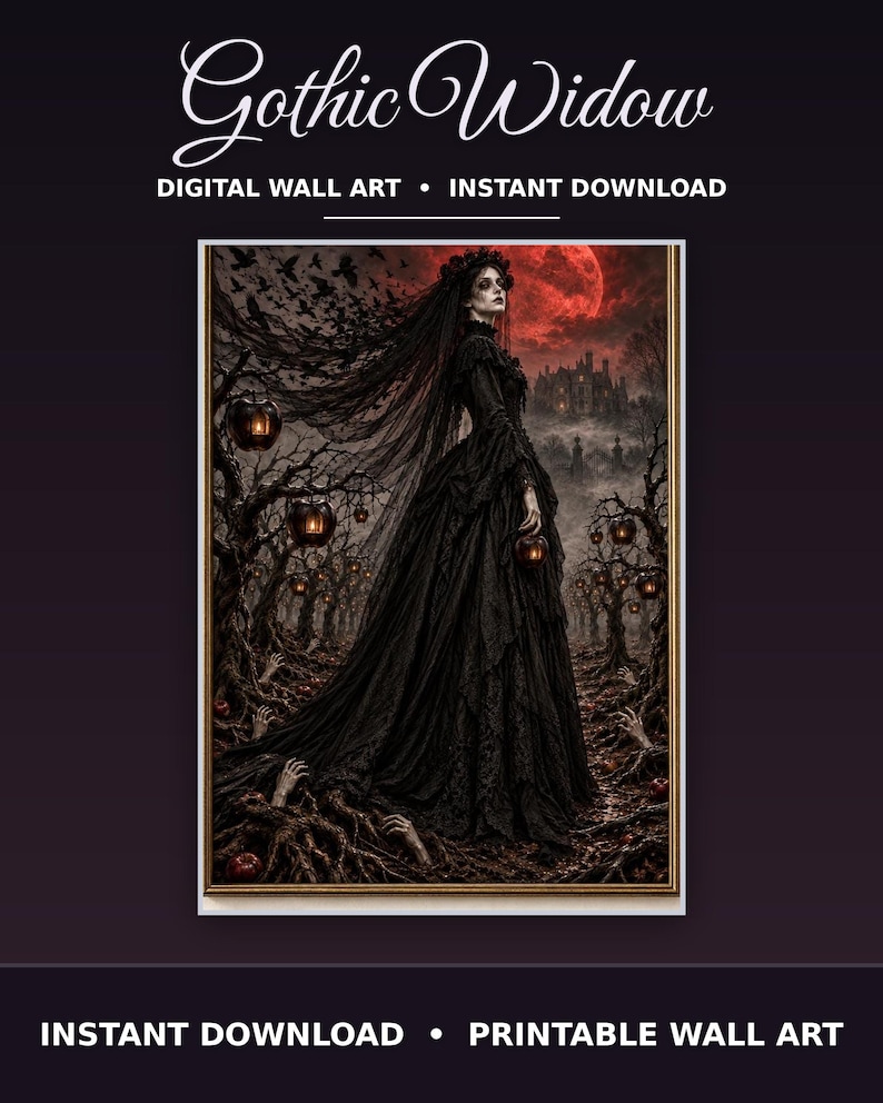 May include: Digital wall art titled Gothic Widow, Instant Download, Printable Wall Art. A figure in a long black lace gown and veil stands in a dark forest with glowing lanterns, a red moon, and a castle under a sky filled with birds.