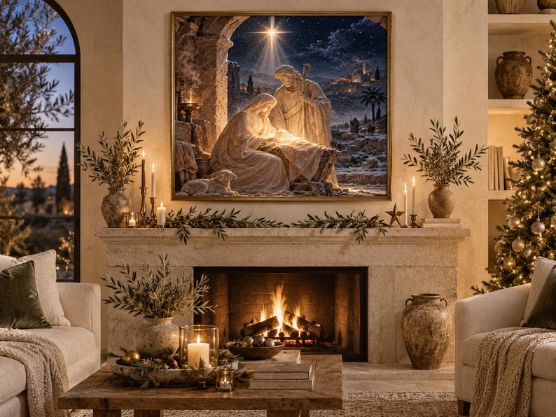 May include: A framed wall art print depicting a nativity scene with a glowing star above a stable, hung over a stone fireplace mantel. The mantel features greenery, candles, and vases, with a lit fire burning in the hearth below.