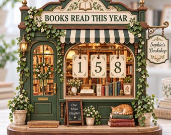 May include: A miniature bookstore model titled Sophia's Bookshop with a green facade, ivy vines, and a striped awning. It features a sign reading BOOKS READ THIS YEAR, three hanging number cards displaying 158, and a sign saying One More Chapter.