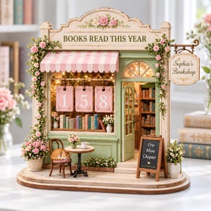 May include: A miniature bookstore model titled Sophia's Bookshop with a pink striped awning, floral vines, and a sign reading BOOKS READ THIS YEAR. It features a display with the number 158, a sleeping orange cat on a chair, and a chalkboard sign reading One More Chapter.