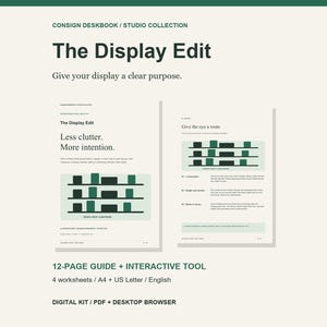 Op de afbeelding: Een digitale gids van 12 pagina's en een interactieve tool genaamd The Display Edit, onderdeel van een studio-collectie. Het document bevat vier werkbladen in A4- en US Letter-formaat, gepresenteerd in een strakke lay-out met donkergroene tekst en graphics.