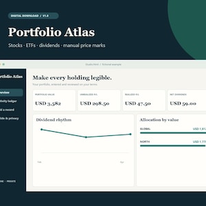 Pode incluir: Uma interface de download digital intitulada Portfolio Atlas com fundo escuro e painel claro. A tela exibe métricas financeiras, incluindo valor do portfólio, lucros e perdas, dividendos líquidos, um gráfico de linhas de ritmo de dividendos e barras de alocação por valor.