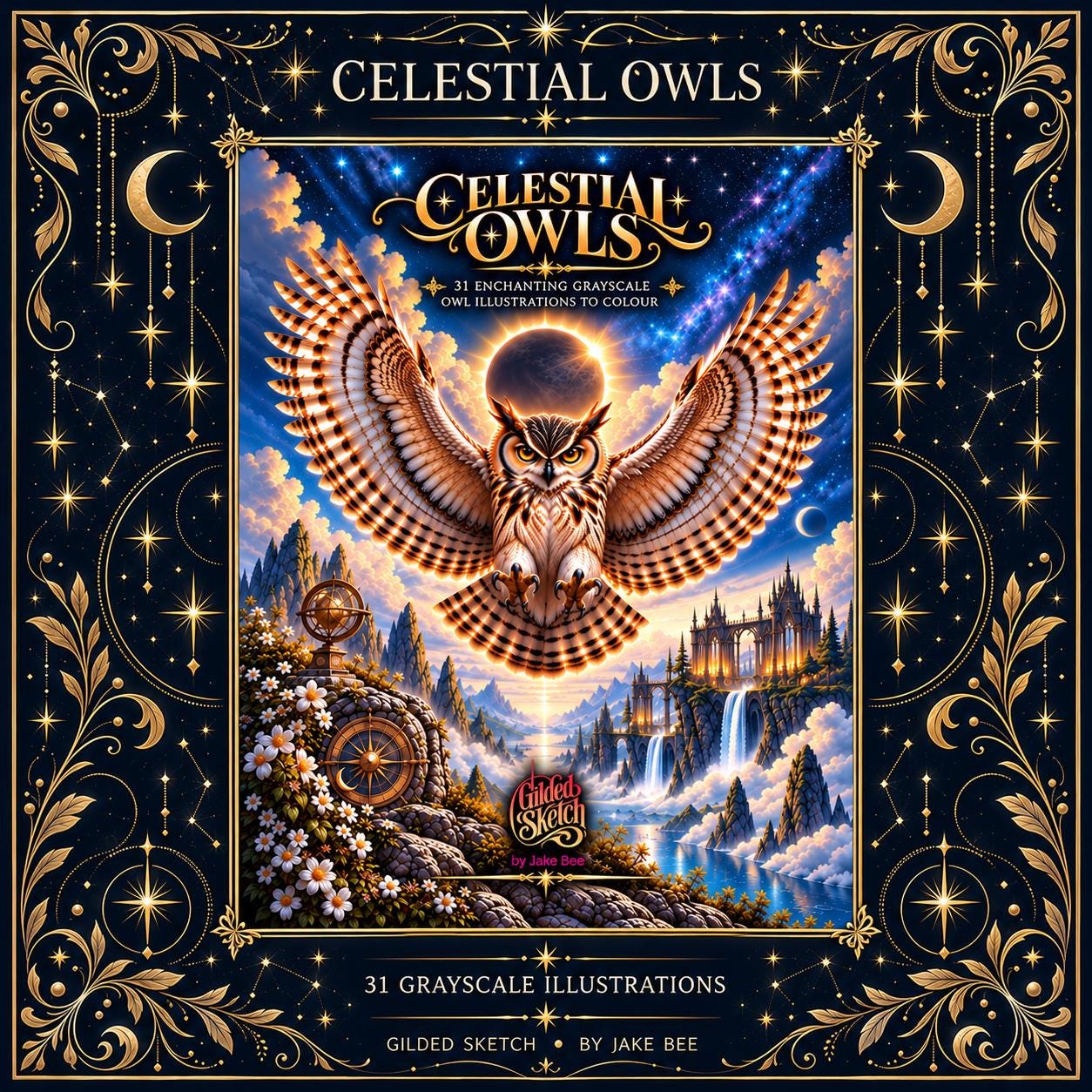 Celestial Owls Grayscale Coloring Book | 31 Owl Designs (Digital Download)