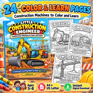 Op de afbeelding: Een kleur- en leerboek getiteld Little Construction Engineer met 24 pagina's over bouwmachines. De kaft toont een gele graafmachine op een bouwplaats. Bevat zwart-witpagina's van een graafmachine, een kiepwagen en een torenkraan.
