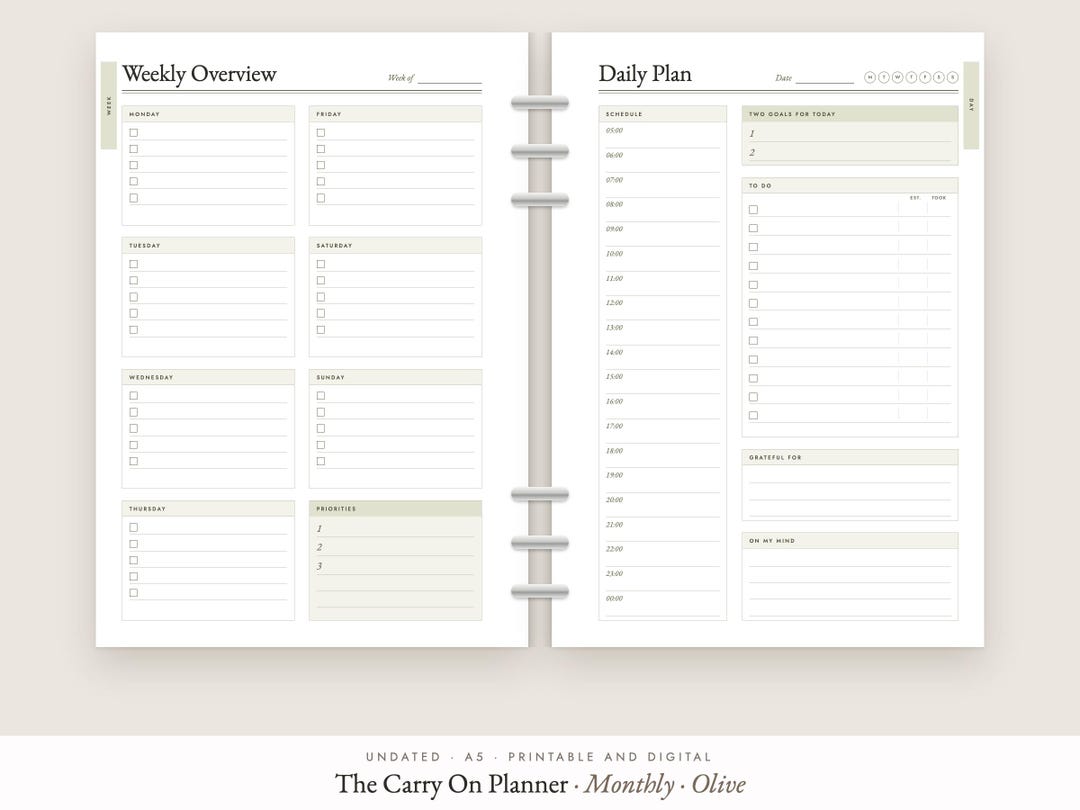Undated A5 Olive Green Planner, Printable & Digital ADHD Tracker ...