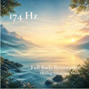 Puede incluir: Una ilustración de paisaje digital que muestra un lago sereno rodeado de montañas al amanecer. El texto 174 Hz aparece en la parte superior izquierda, mientras que Full Body Restoration Healing Frequency Music está escrito abajo a la derecha con ondas.