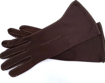 1950s Mid-Length Gloves, Vintage Ladies Brown Gauntlets, Look of Suede