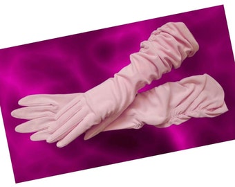 1960s Pink Mid Arm Gloves, Vintage Ruched Gathered Stretch Nylon, Size 8