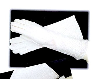 Mid Arm Beaded Gauntlet Gloves, Vintage 1950s Formal White Cotton Woven, Size 6 1/2