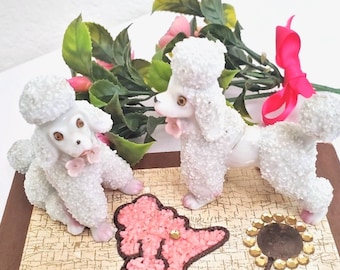 Two 1950s Spaghetti Poodles, Vintage Sugared Textured White Poodle Pair, Shelf Knick Knack, Painted Faces, Pink Flowers, 50s Japan