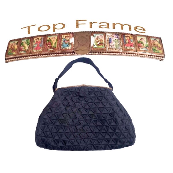 Lily Dache Paris Handbag, Vintage 1940s Jet Black Pleated Sateen Black Purse, Hand Painted in France, Lift Clasp Closure, Top Handle
