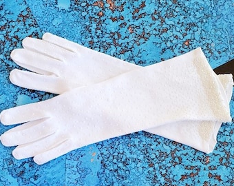 Pearly Beaded Gauntlet Gloves, Vintage 1950s White Mid Arm Length, Stretch Nylon Blend, Size 7