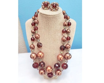 Lucite Multi-Strand Necklace, Clip On Earrings Set, Vintage 1960's Faceted Burgundy and Brown Beads, Graduated Double Strand Demi Parure