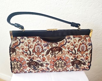 French Tapestry Floral Handbag, Vintage 1950s Kadin Earth Tones, Black Vinyl Purse, Sateen Lining, Inside Pocket, Top Handle, Lift Clasp