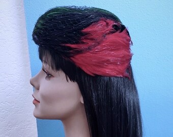 Kitchy Feather Netted Hat, 1940s Vintage Velvet Feathered High Crown Tilt Hat