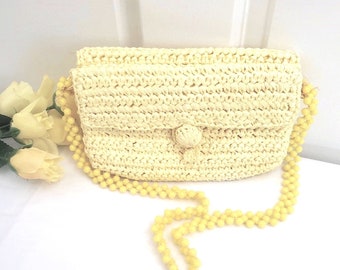 Two Pocket Sided Raffia Handbag, Vintage 1950s Yellow Macrame Shoulder Bag, Glass Bead Handle, Ball Loop Fastener, Fabric Lining