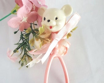 Plastic Bear Plakie Rattle, 1950s Vintage Pink & White Baby Crib Toy, Painted Face, Ribbon Bow
