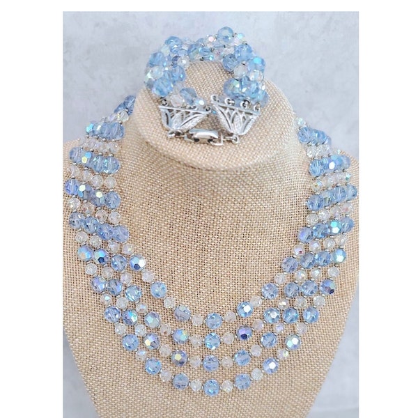 Coro Blue Necklace & Bracelet, Vintage 1950s AB Clear and Crystal Glass Bead, Multi-Strand Demi-Parure Set