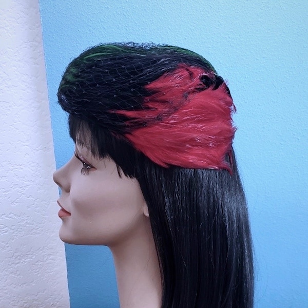 Kitchy Feather Netted Hat, 1940s Vintage Velvet Feathered High Crown Tilt Hat