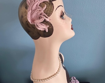 Vintage Chenille Netted Headpiece, 1950s Pastel Pink 'Feathery Fascinator, Bridal Head Piece, Union Made
