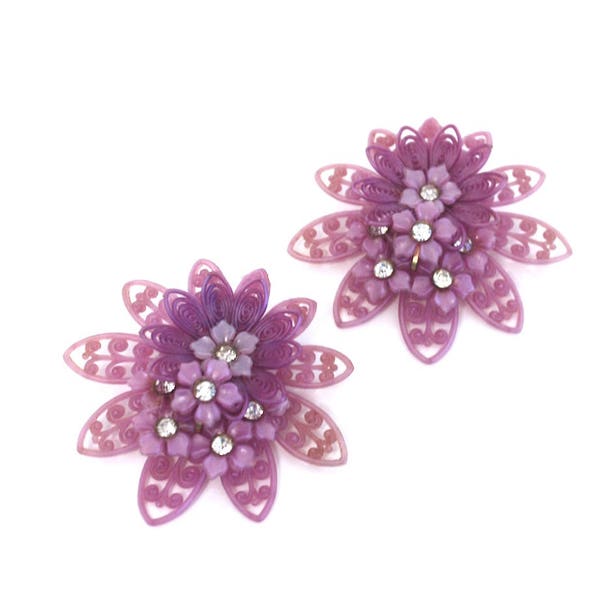 Purple Flower Earrings ~ Large Vintage Soft Plastic Lacy Floral Rhinestone Clip Ons ~ Layered Flowers