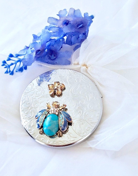 Rhinestone Bumble Bee Compact Mirror, Vintage Dou… - image 6