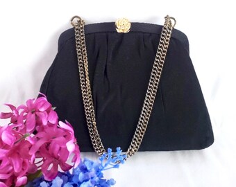 Small Black Evening Handbag, 1950s Vintage Sateen Purse and Lining, Rose Motif Lift Clasp, Chain Link Top Handle