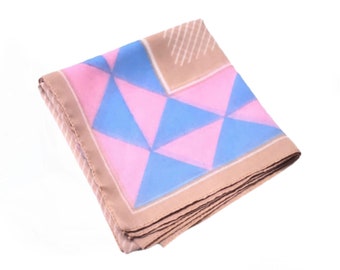 Sheer Nylon Square Scarf, Vintage Mod Pink, Blue, & Tan Abstract Geometric Triangles, 26 x 26"