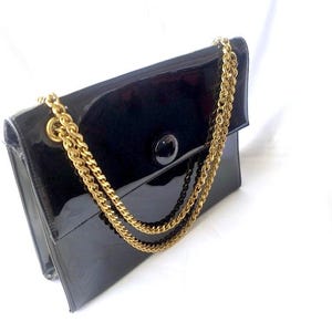 Sac à main Engber en cuir verni, sac à main en vinyle noir vintage des années 1960, rabat à rabat, fermoir pression en métal, poignée polyvalente à double maillons, États-Unis
