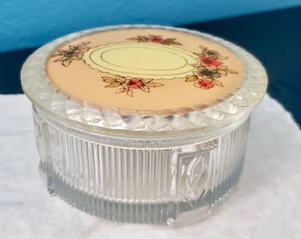 1920's Art Deco Glass Powder Jar, Floral Celluloid Lid, Vanity Dresser Container