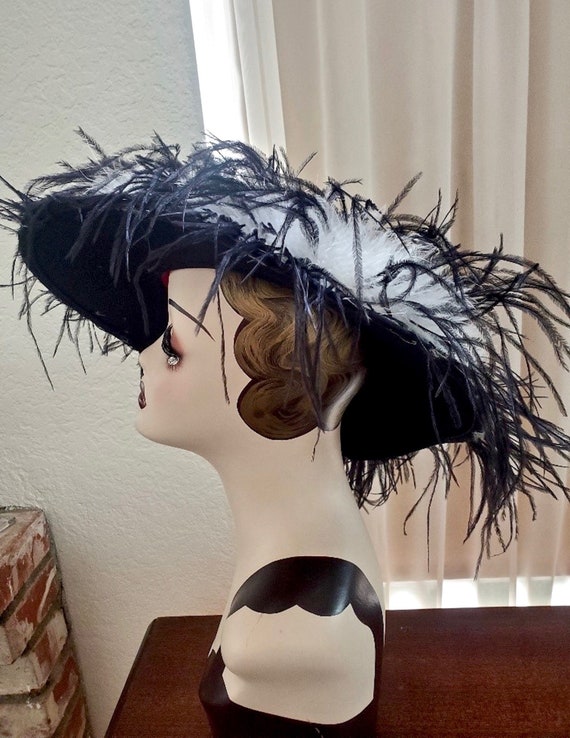 Ostrich Plumage Feathered Hat, 1980s Vintage Blac… - image 1