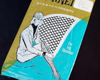 Black 1960s Fishnet Stockings, Vintage Diamond Pattern Mod Fishnets, Original Package, Never Worn